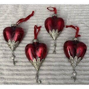 Vintage 4 Glass Christmas Kugel Red Hearts 6” Mercury Ornaments Metal Accent